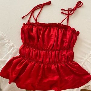Red satin ruched cami with adjustable tie straps
